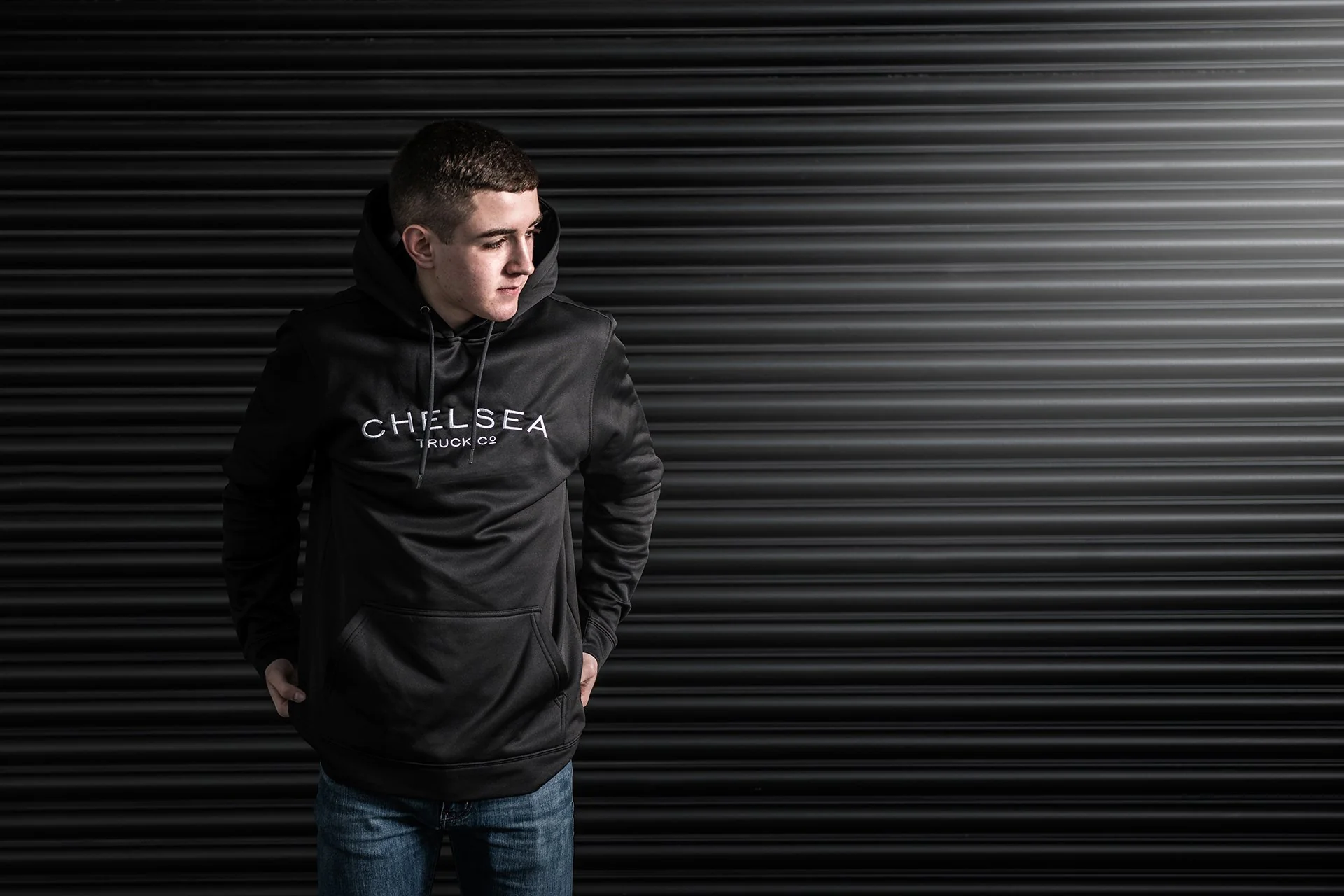 Men's Black with White Embroidery Chelsea Truck Co Hoodie - Image 3
