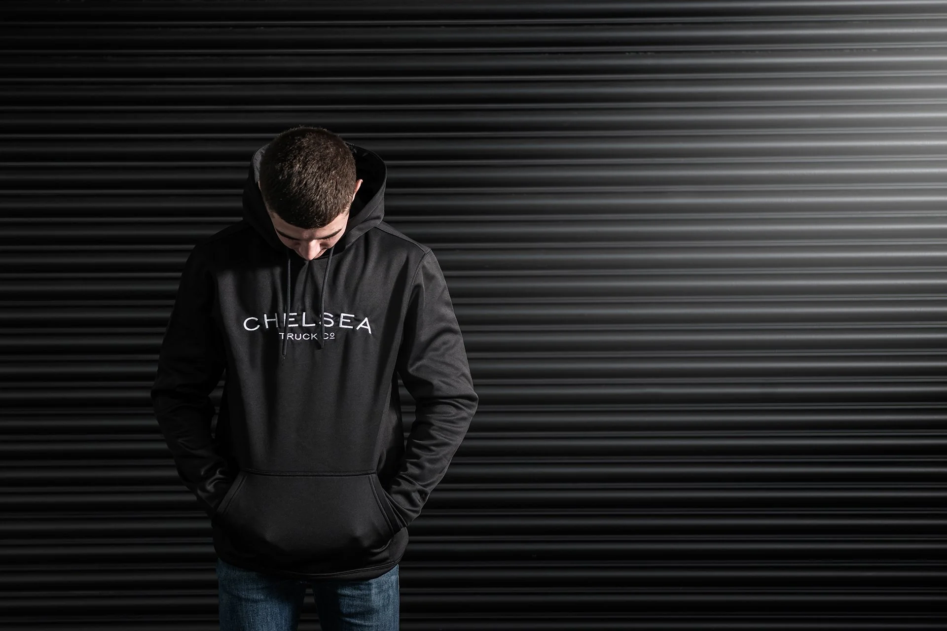 Men's Black with White Embroidery Chelsea Truck Co Hoodie - Image 5