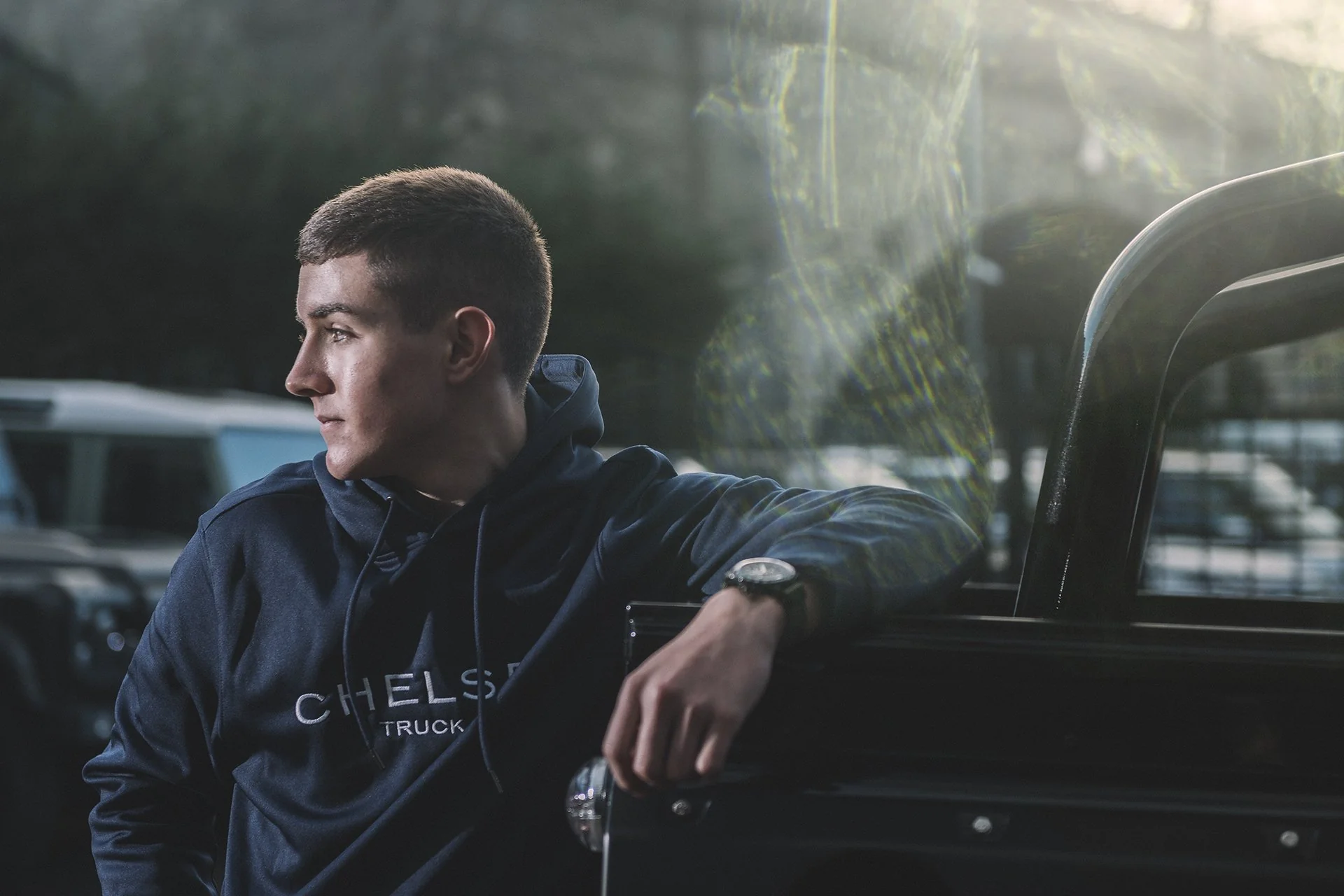 Navy Blue with White Embroidery Chelsea Truck Co Hoodie - Image 3