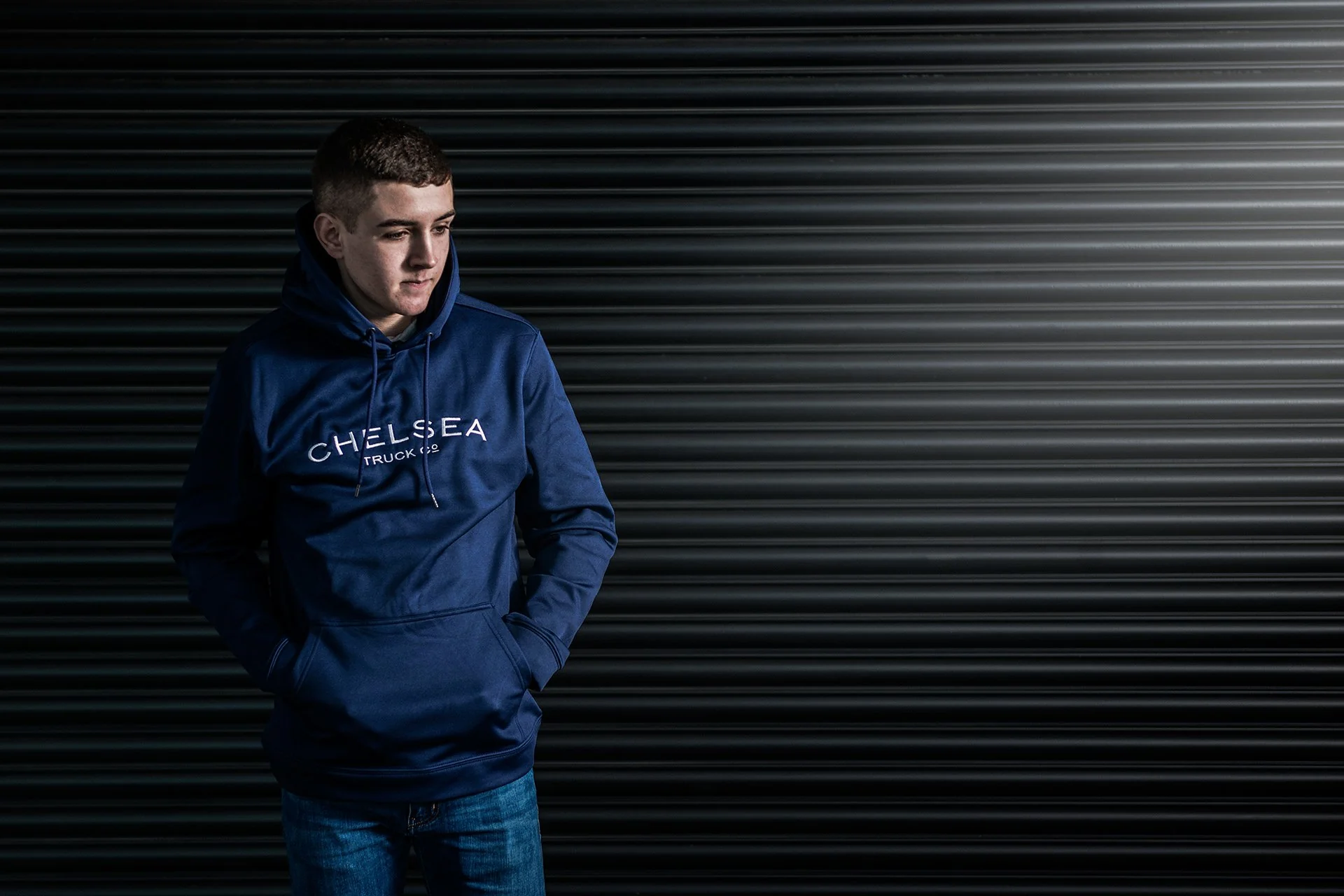 Navy Blue with White Embroidery Chelsea Truck Co Hoodie - Image 4