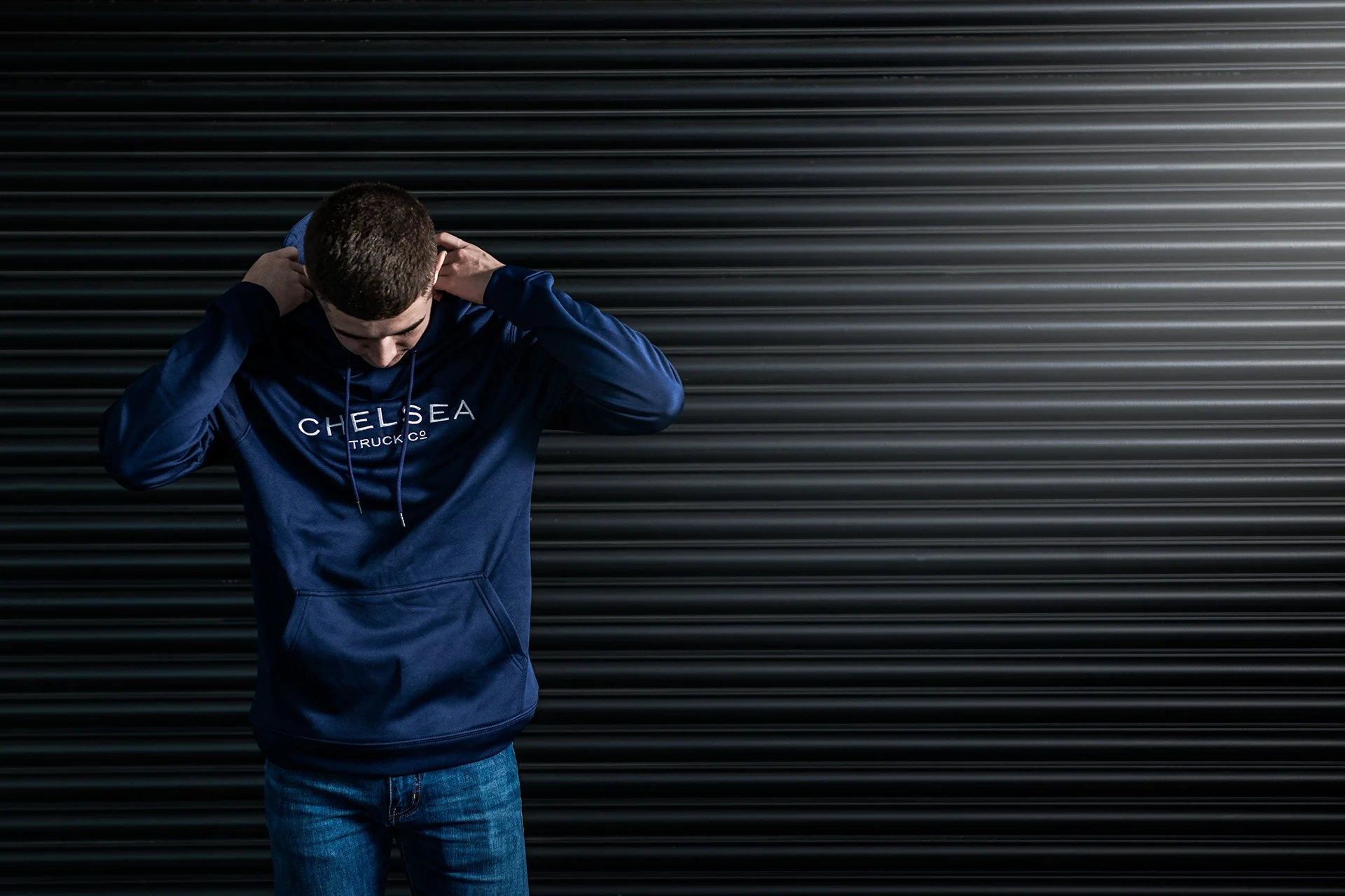Navy Blue with White Embroidery Chelsea Truck Co Hoodie - Image 6