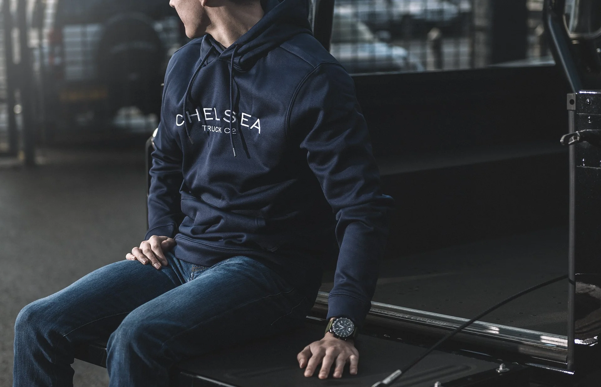 Navy Blue with White Embroidery Chelsea Truck Co Hoodie - Image 7