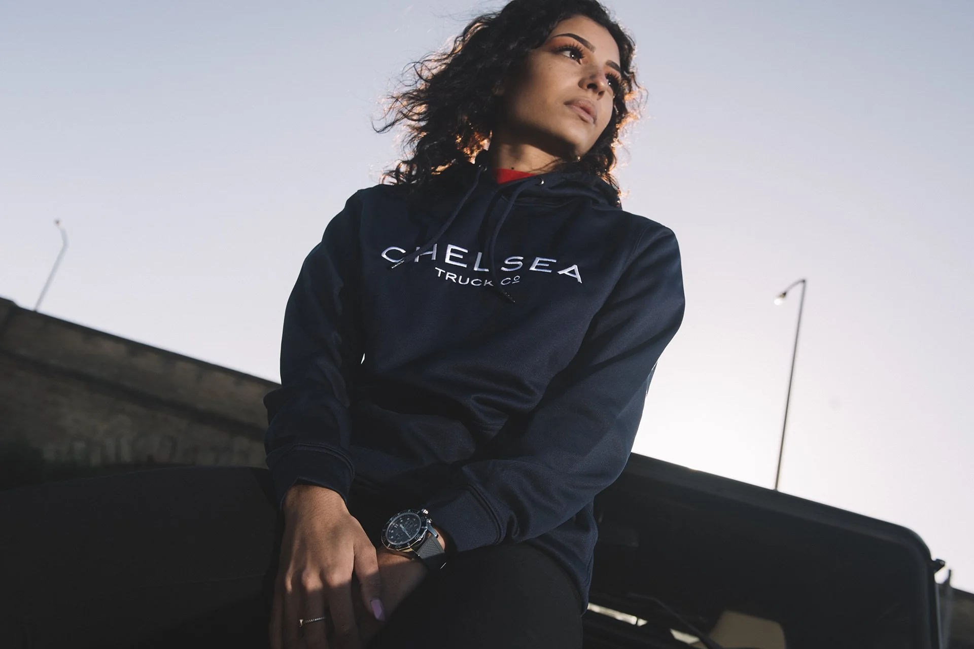 Chelsea Truck Co Hoodie - Navy Blue with White Embroidery - Image 4